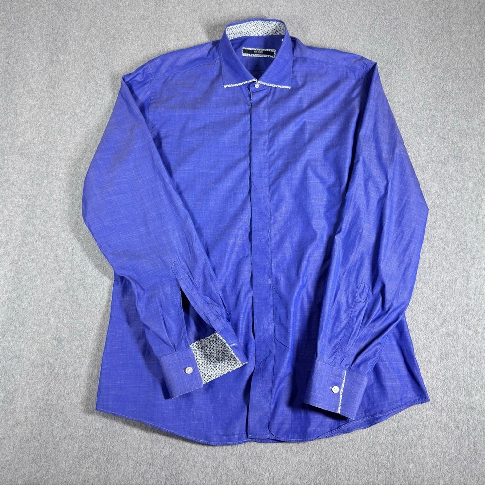 Pal Zileri Shirt Mens 17 43 Blue Flip Cuff Hidden Button Made In Italy Cotton